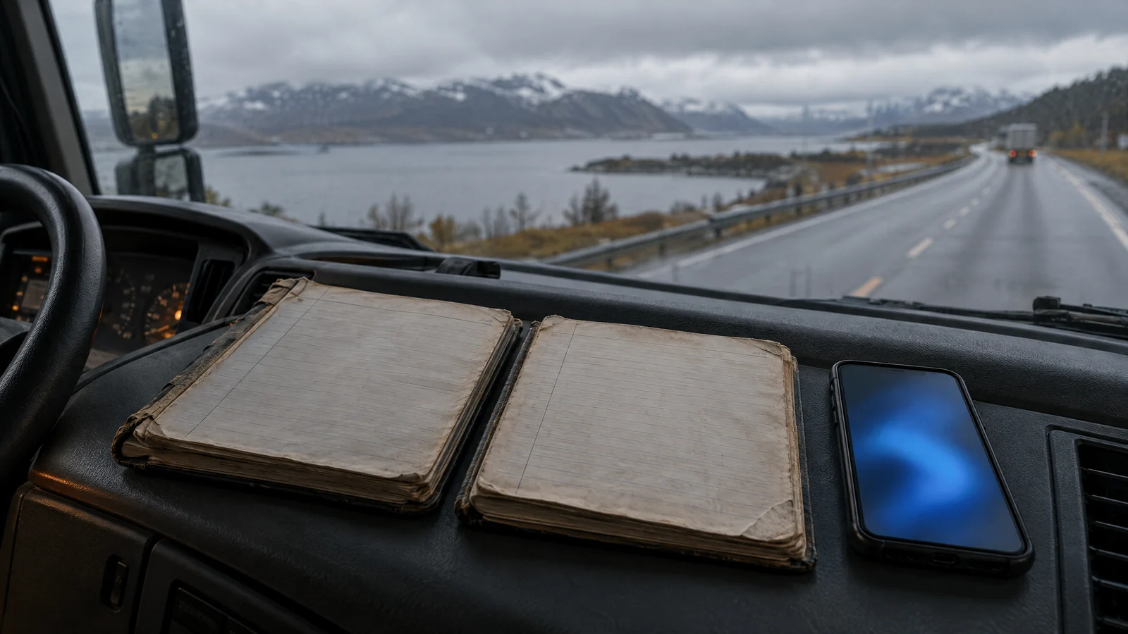 Papirkørebøger og en telefon side om side på instrumentbrættet i en lastbil