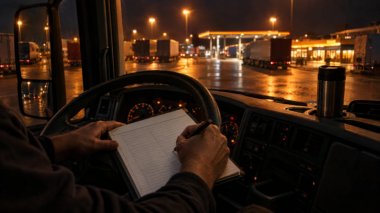 Hände eines Fahrers schreiben nachts in der Lkw-Kabine in ein Fahrtenbuch auf dem Lenkrad