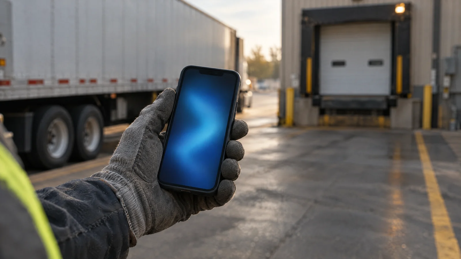 Fahrer mit Arbeitshandschuh hält an der Laderampe ein Smartphone in der Hand