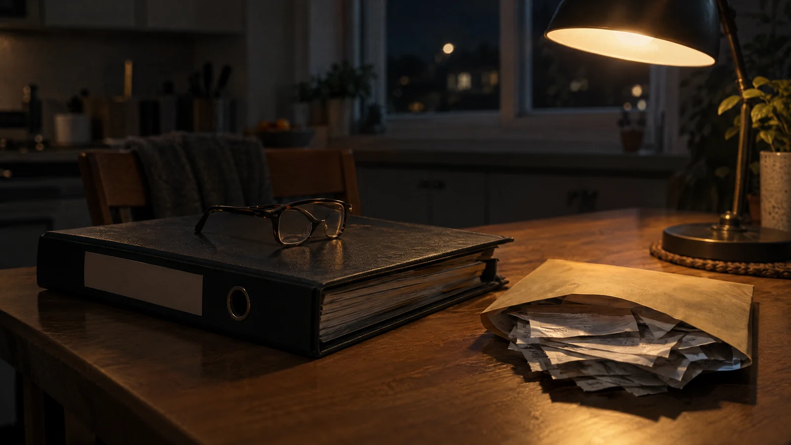 Aktenordner mit Fahrtenbuch und Umschlag mit Belegen auf einem Küchentisch am Abend