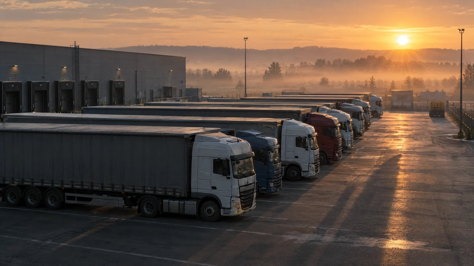 Reihe geparkter Lkw auf einem Speditionshof bei Sonnenaufgang