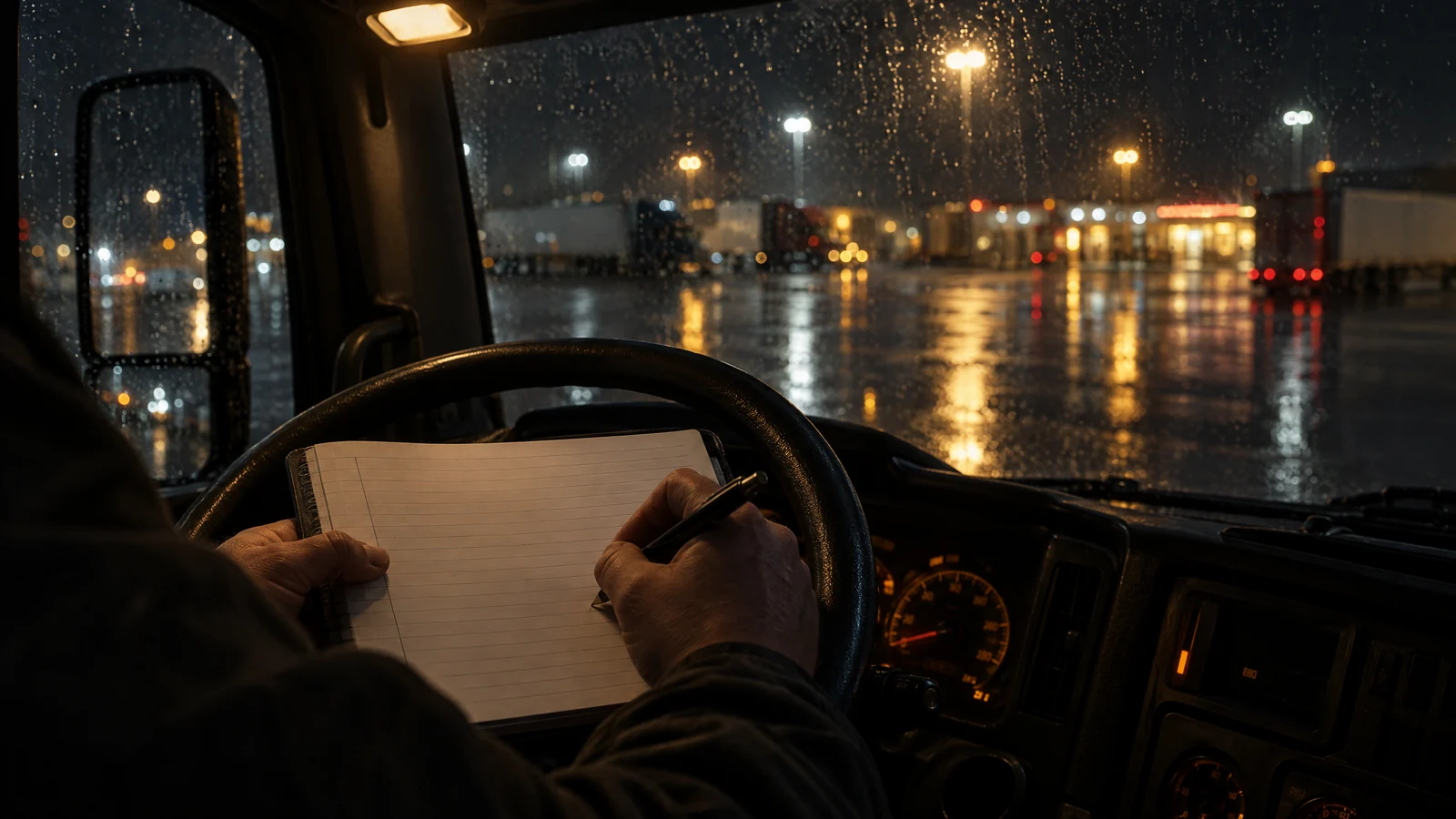 A driver's hands writing in a paper logbook on the steering wheel in a dark truck cab
