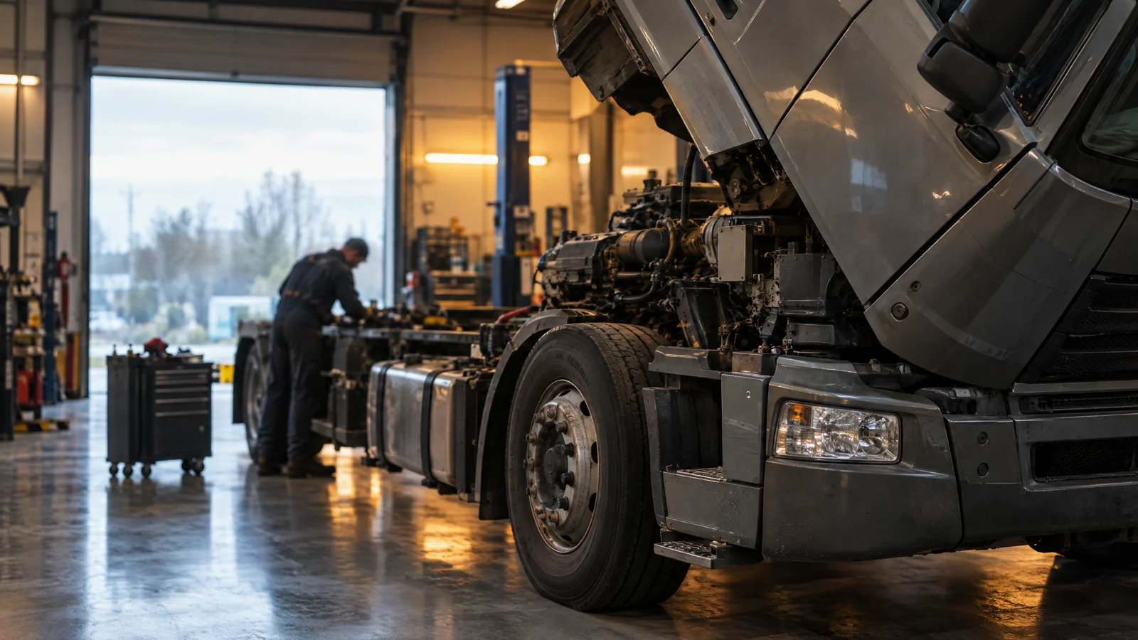A truck with its cab tilted forward in a clean workshop, a mechanic working in the background
