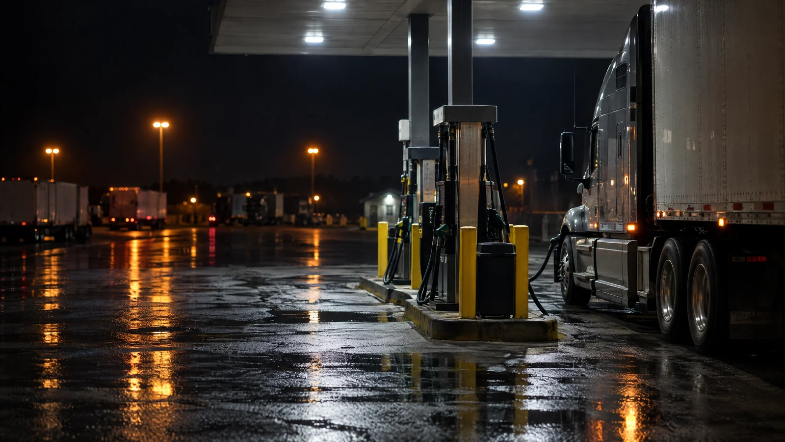 Surtidor de gasóleo para camiones de noche bajo la luz blanca de la marquesina