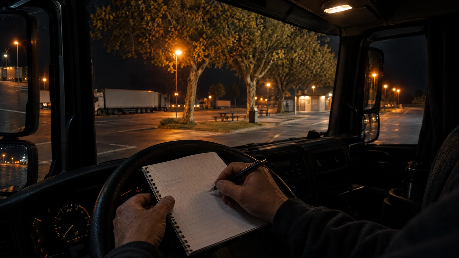 Les mains d'un chauffeur écrivent dans un carnet de bord posé sur le volant, de nuit dans la cabine