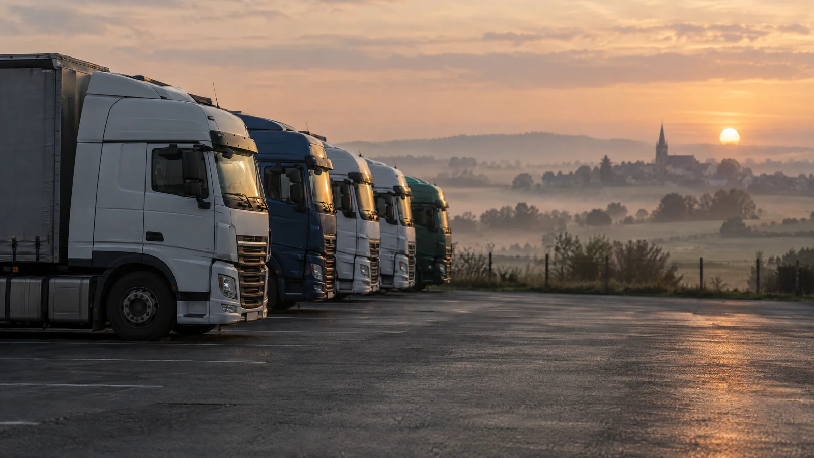 Rangée de camions garés dans la cour d'un transporteur au petit matin