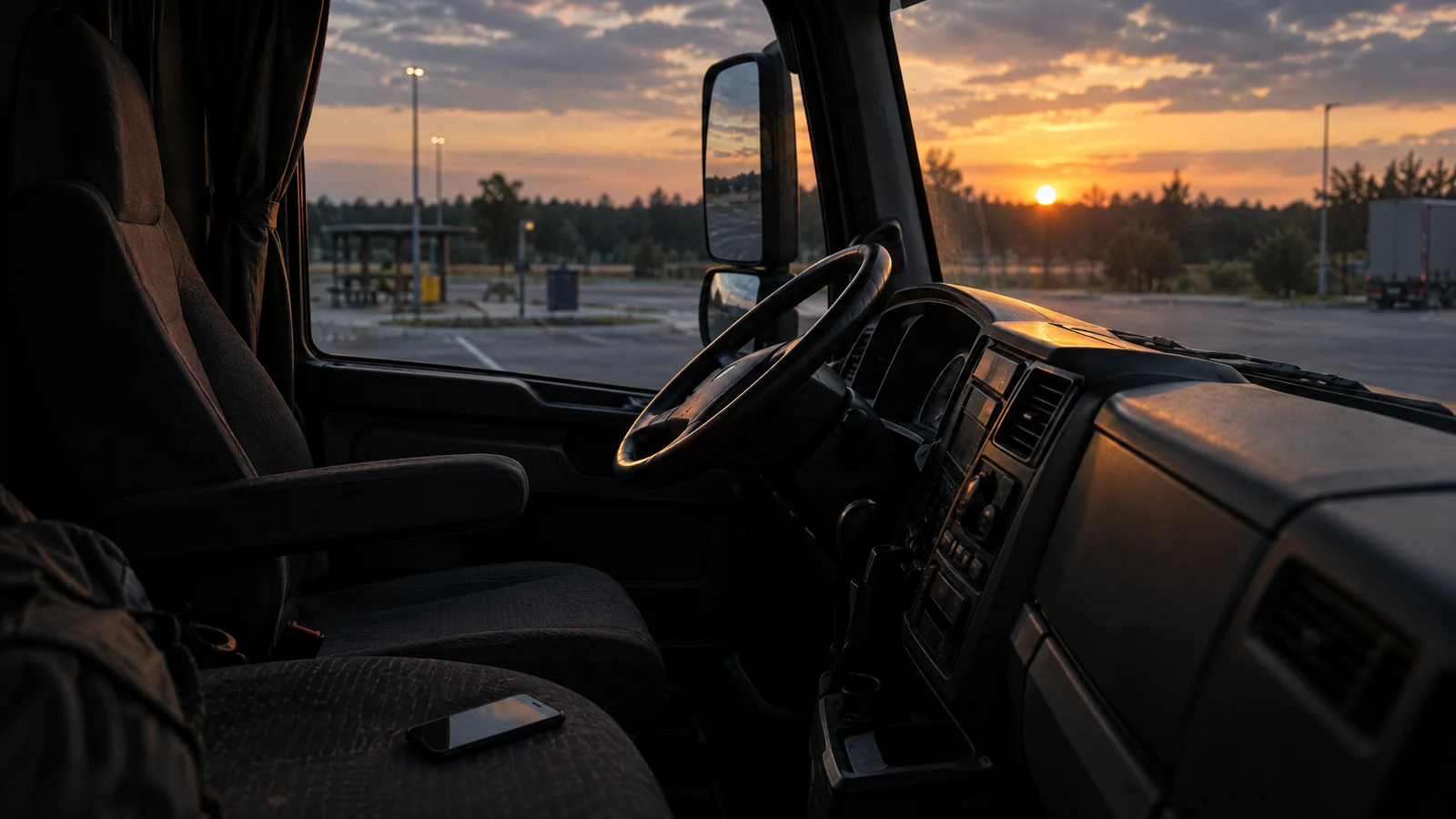 Cabine de camion vide au crépuscule sur une aire de repos, siège conducteur et volant en contre-jour