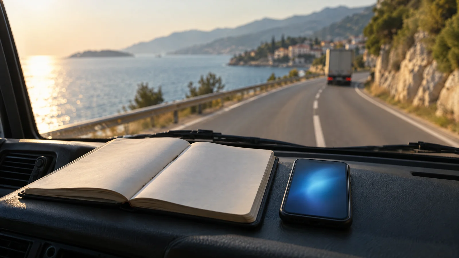 Papirnate evidencije i mobitel jedno pored drugoga na armaturi kamiona