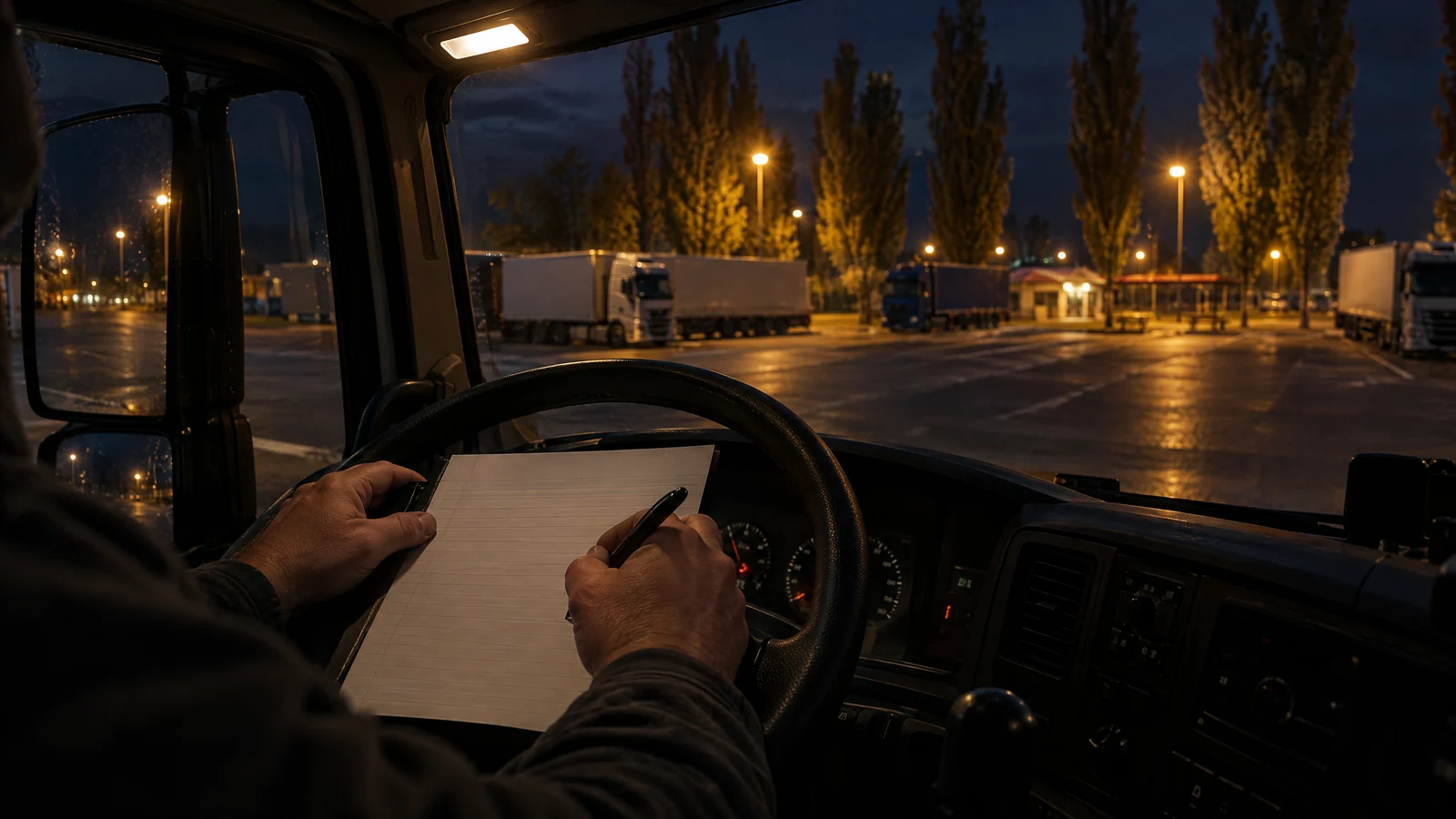 Sofőr keze papír menetlevelet tölt ki a kormányon a sötét fülkében