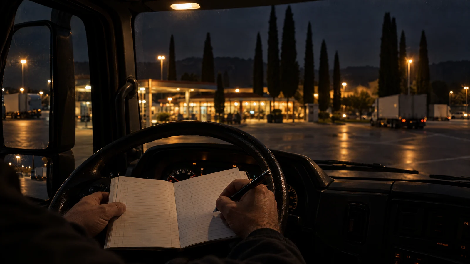 Mani di un autista che scrivono su un registro di viaggio appoggiato al volante nella cabina buia