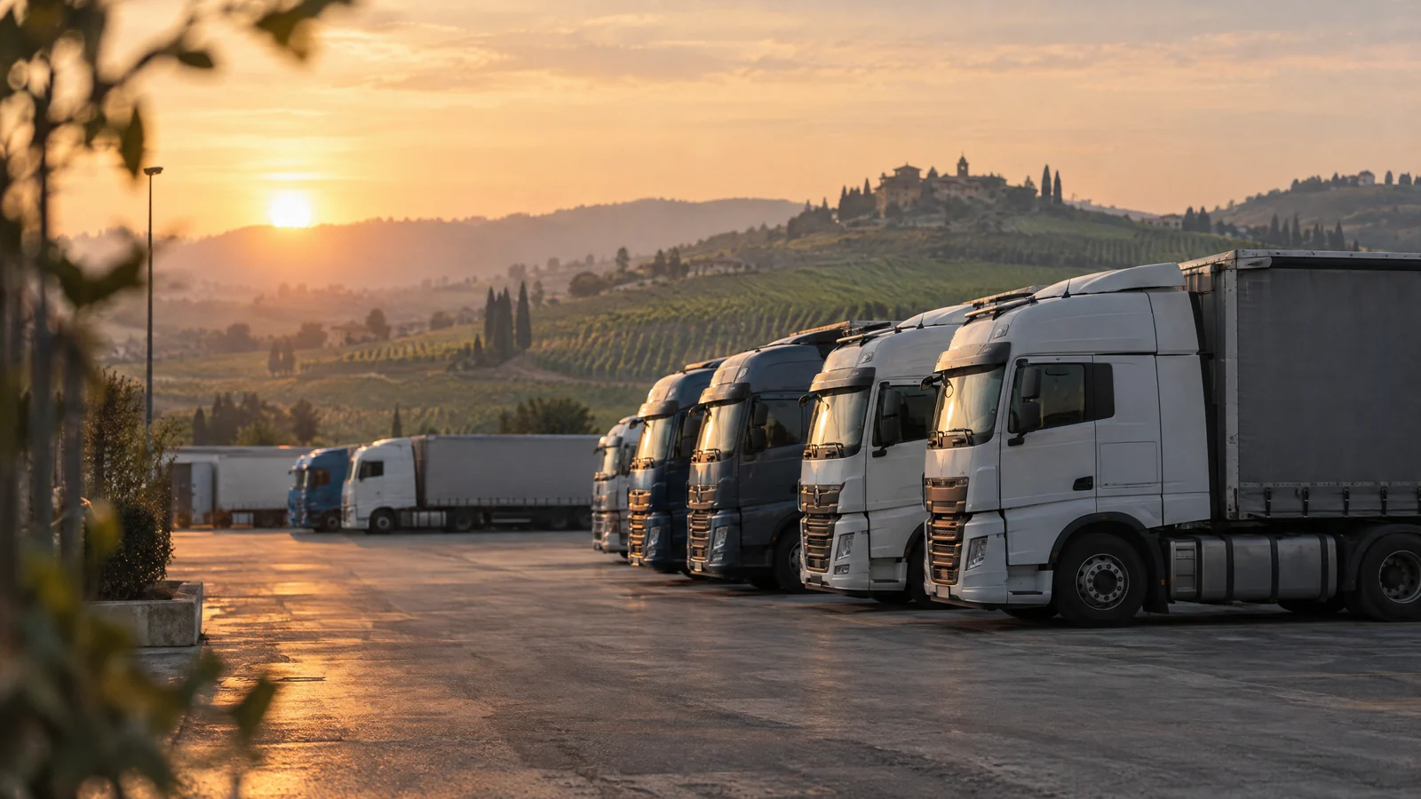 Fila di camion parcheggiati nel piazzale di un'azienda di trasporti all'alba