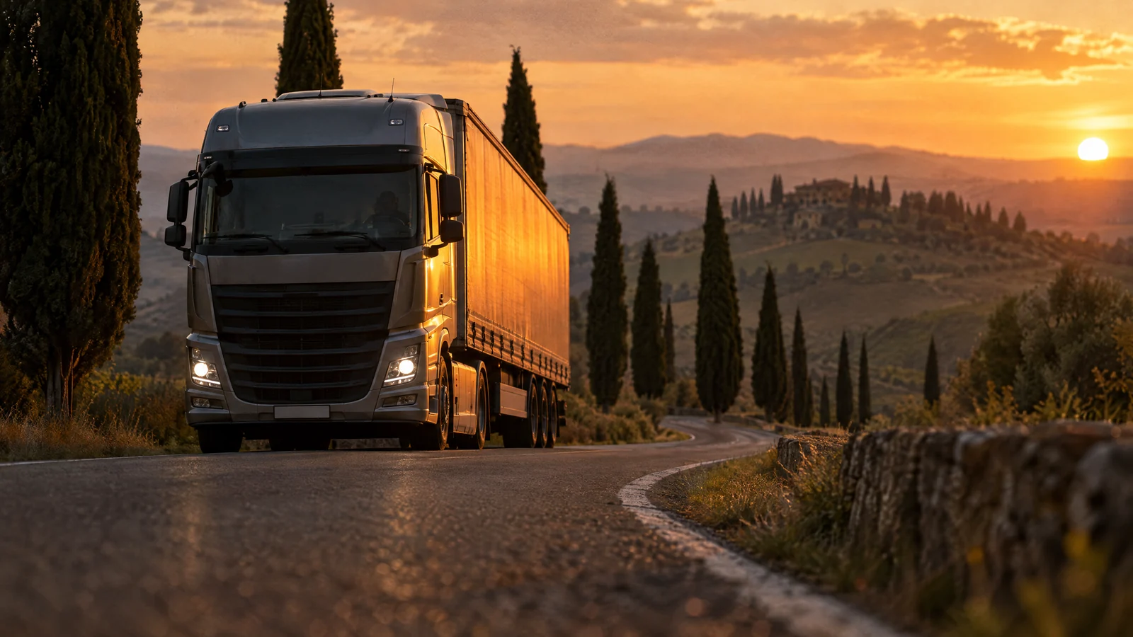 Camion su una strada di collina al tramonto ripreso dal basso