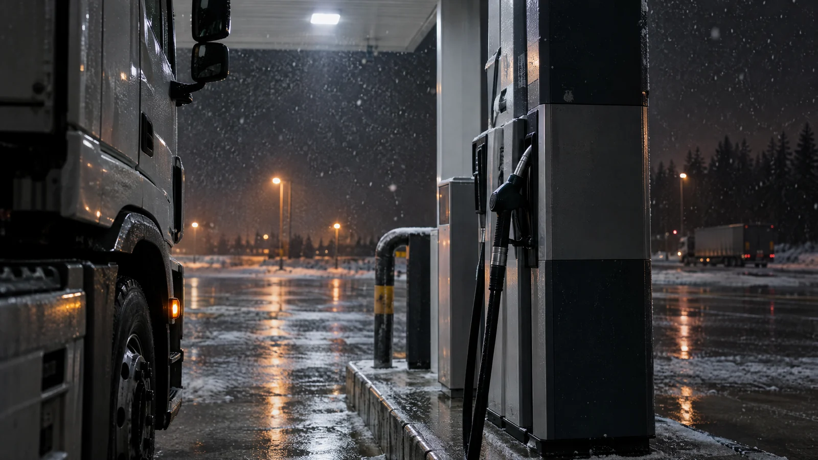 Dīzeļdegvielas sūknis kravas automašīnām naktī zem aukstas nojumes gaismas