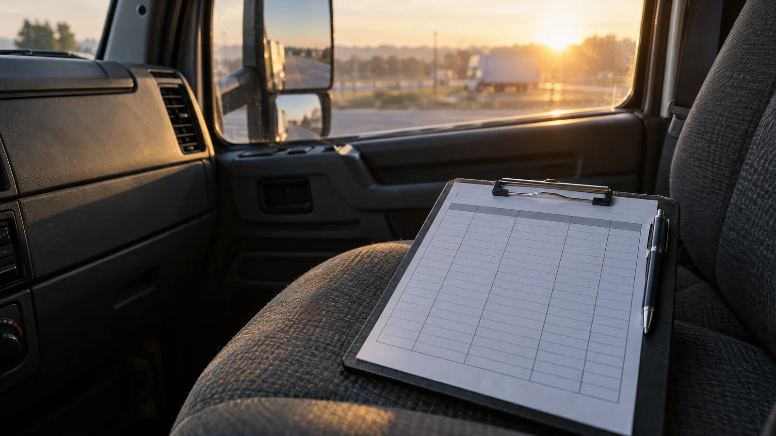 Rakstāmplanšete ar tukšu izdrukātu ceļazīmes veidlapu un pildspalvu uz kravas auto pasažiera sēdekļa rīta saulē