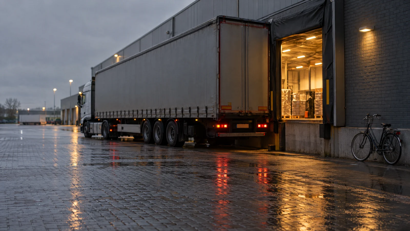 Vrachtwagen bij een laadperron in de vroege ochtend, natte klinkers en warm licht uit de loods