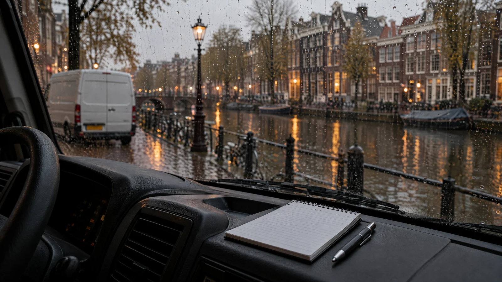 Bestelwagen geparkeerd langs een gracht bij regen, blank gelinieerd notitieblok op het dashboard zonder leesbaar schrift