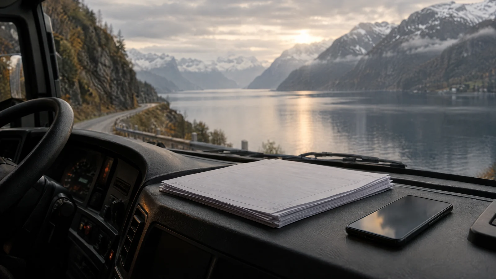 Papirskjemaer og en smarttelefon side om side på dashbordet i en lastebil, fjordlandskap utenfor frontruten