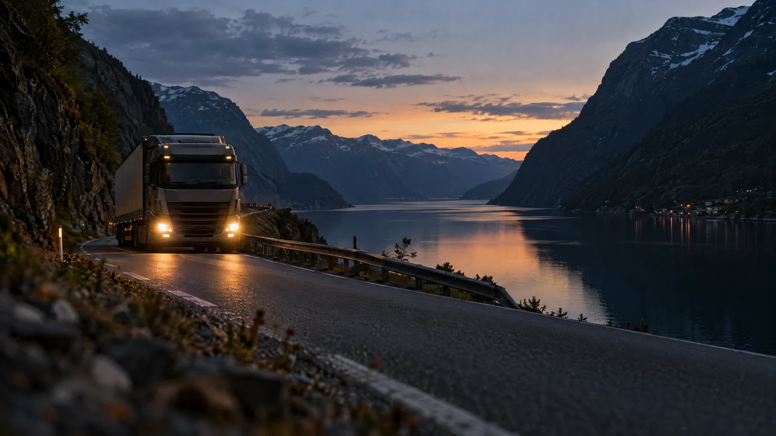 Lastebil på en svingete fjellvei langs en fjord i skumringen, sett fra lav vinkel