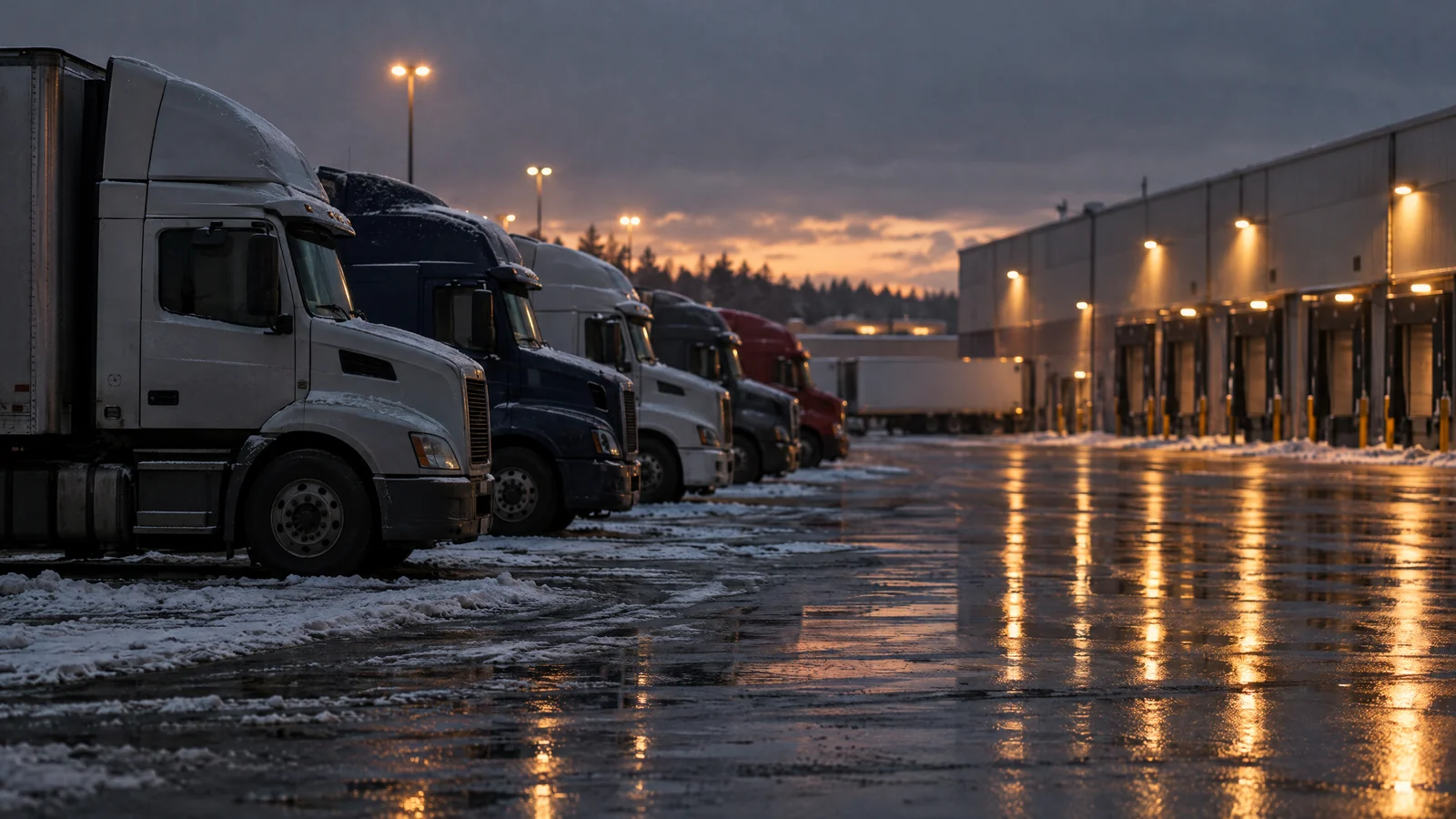 Rad med parkerte lastebiler på en terminal en vinterkveld, lys fra lagerbygningen speiler seg i våt asfalt