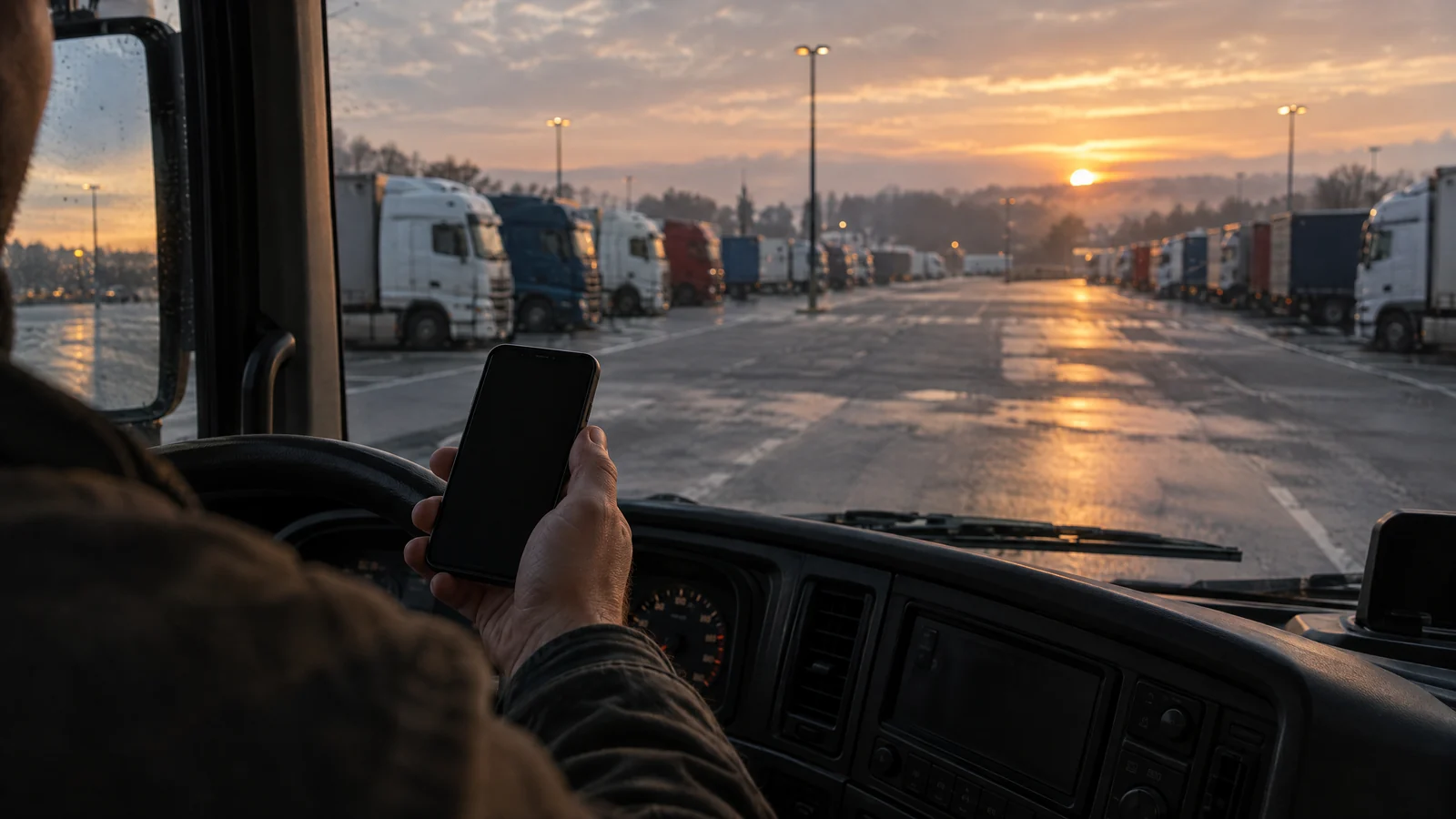 Dłoń kierowcy trzymająca smartfon z ciemnym ekranem w kabinie ciężarówki, za szybą parking przy autostradzie o świcie
