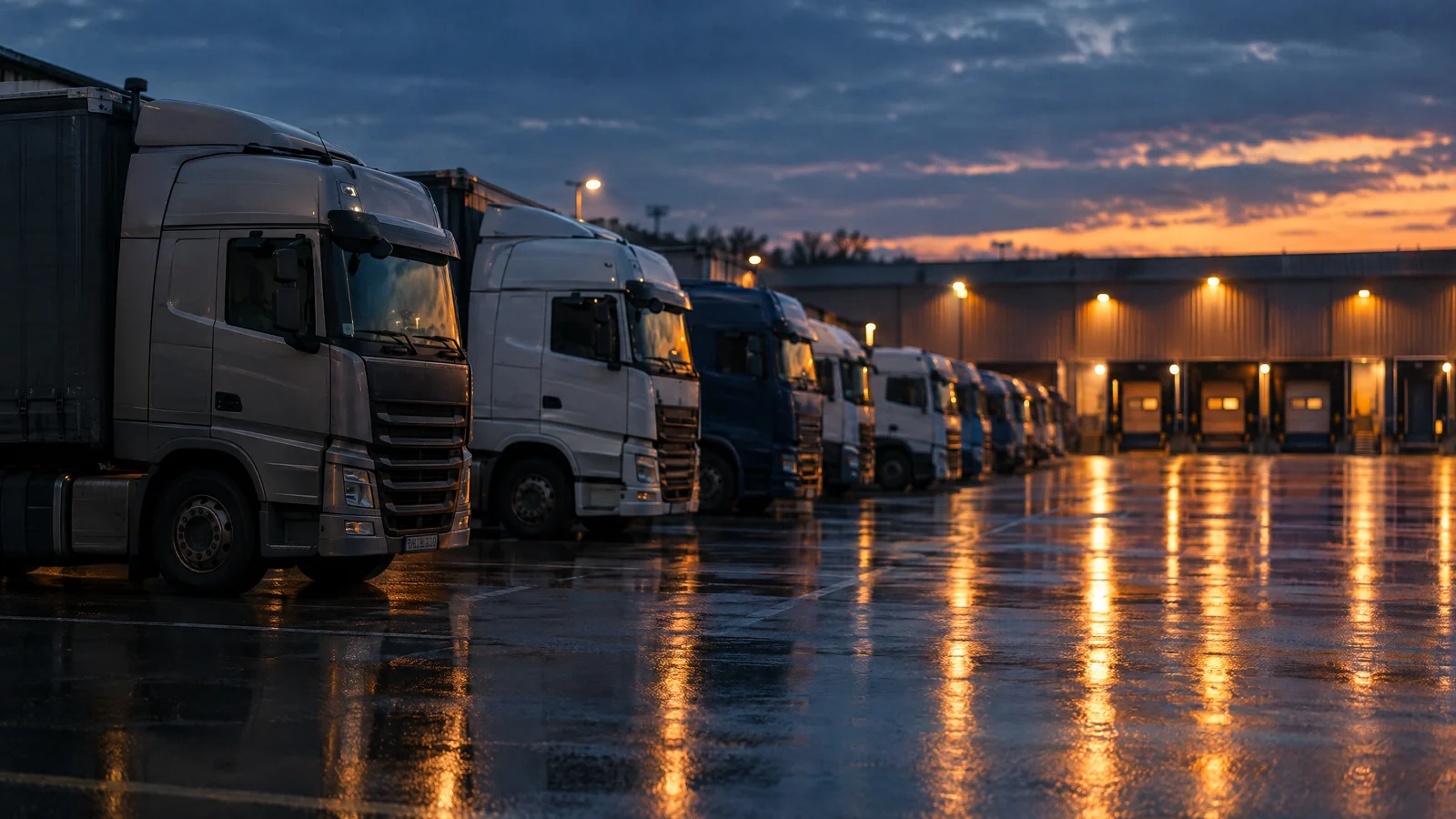 Rząd zaparkowanych ciężarówek na placu bazy o zmierzchu, światła magazynu odbite w mokrym asfalcie