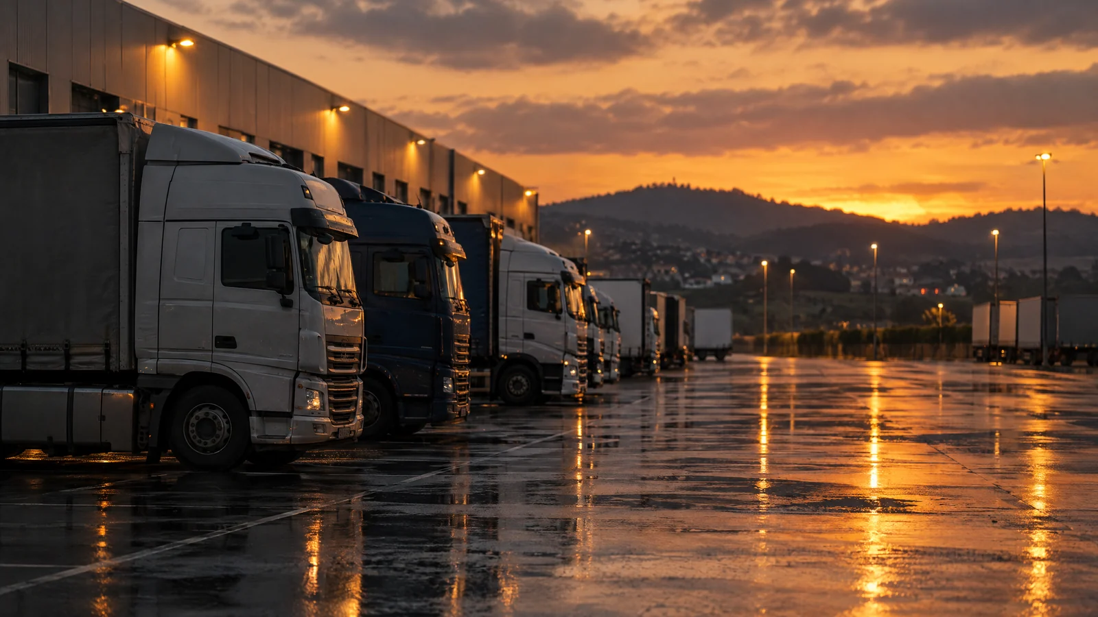 Fila de camiões estacionados num parque logístico ao entardecer, luzes do armazém refletidas no asfalto molhado