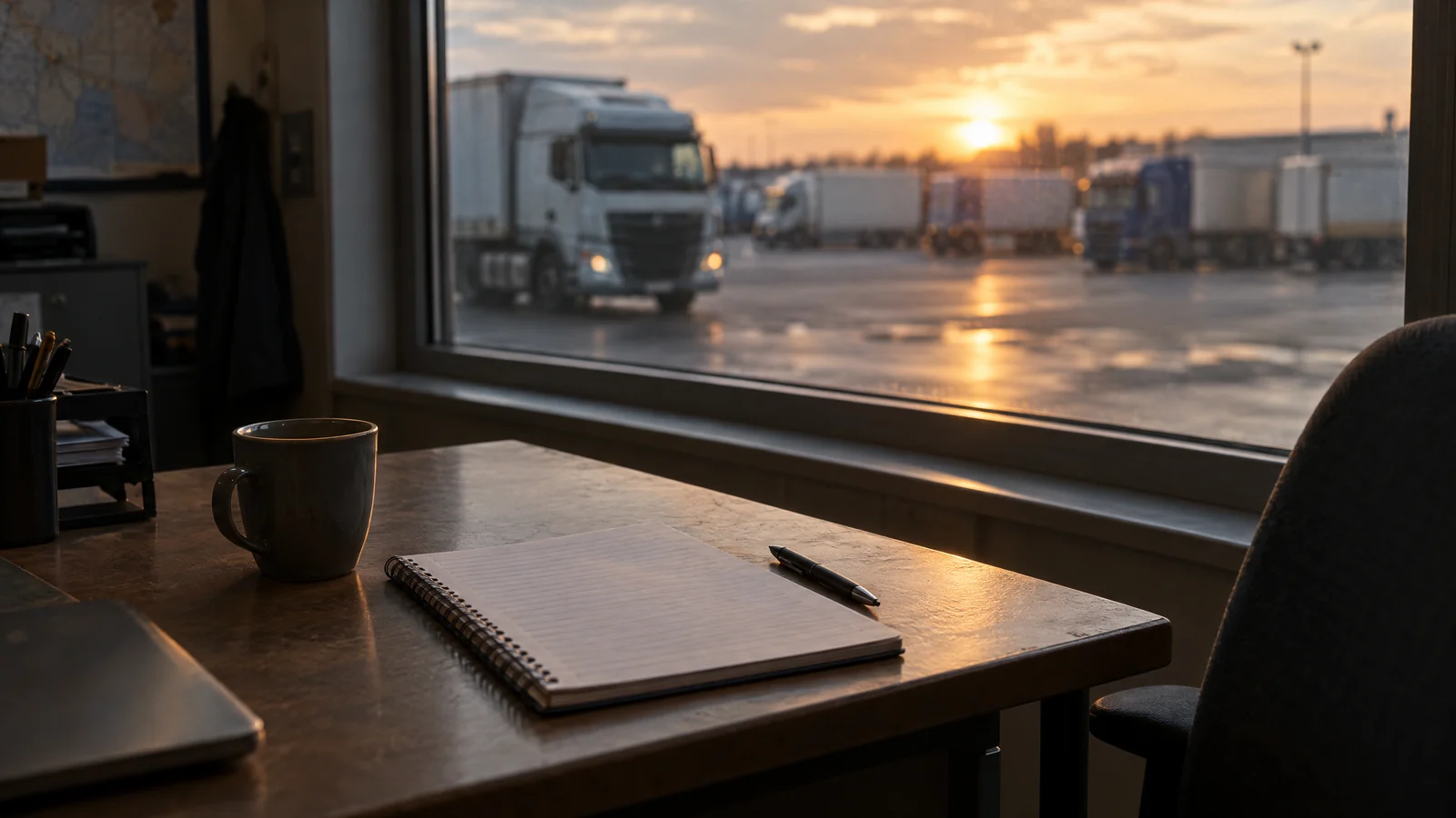 Pequeno escritório de uma transportadora ao fim da tarde, secretária com caderno de linhas em branco sem escrita legível, camiões desfocados atrás da janela