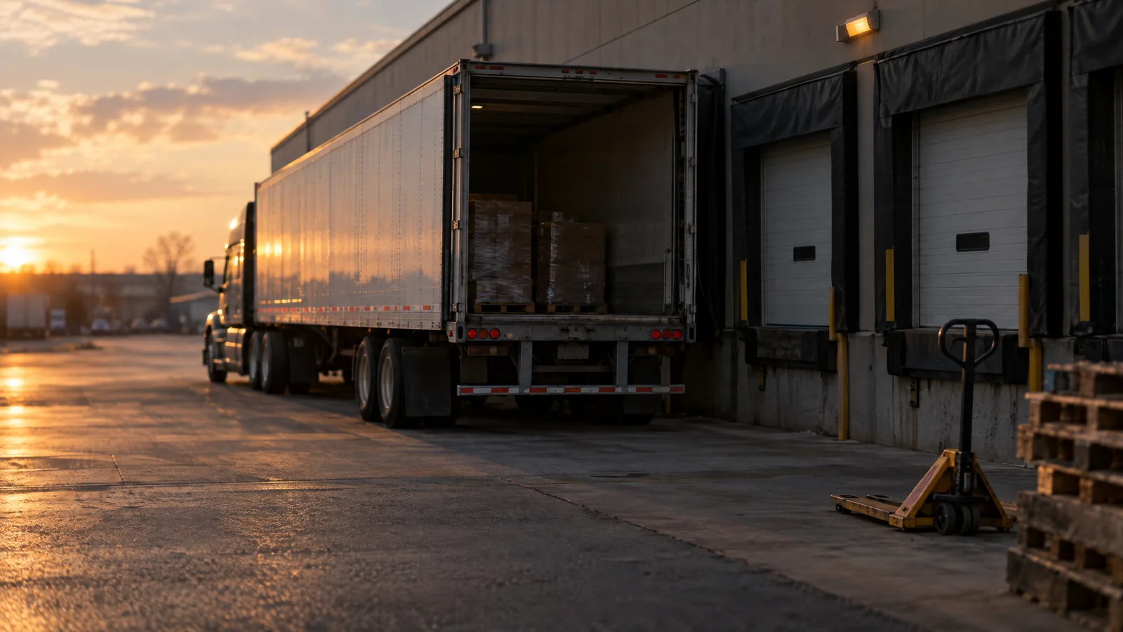 Camion cu spatele la rampa unui depozit în lumina după-amiezii târzii, uși de rampă și un transpalet în apropiere