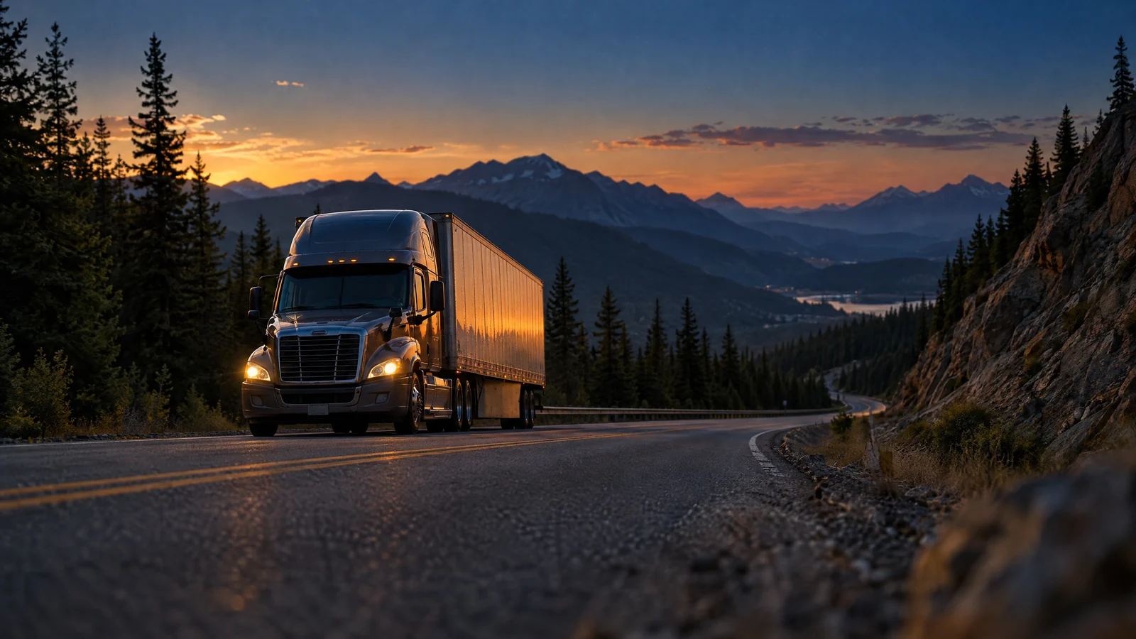 Camion pe un drum de munte cu serpentine la amurg, fotografiat de jos, pădure de pin și versanți stâncoși
