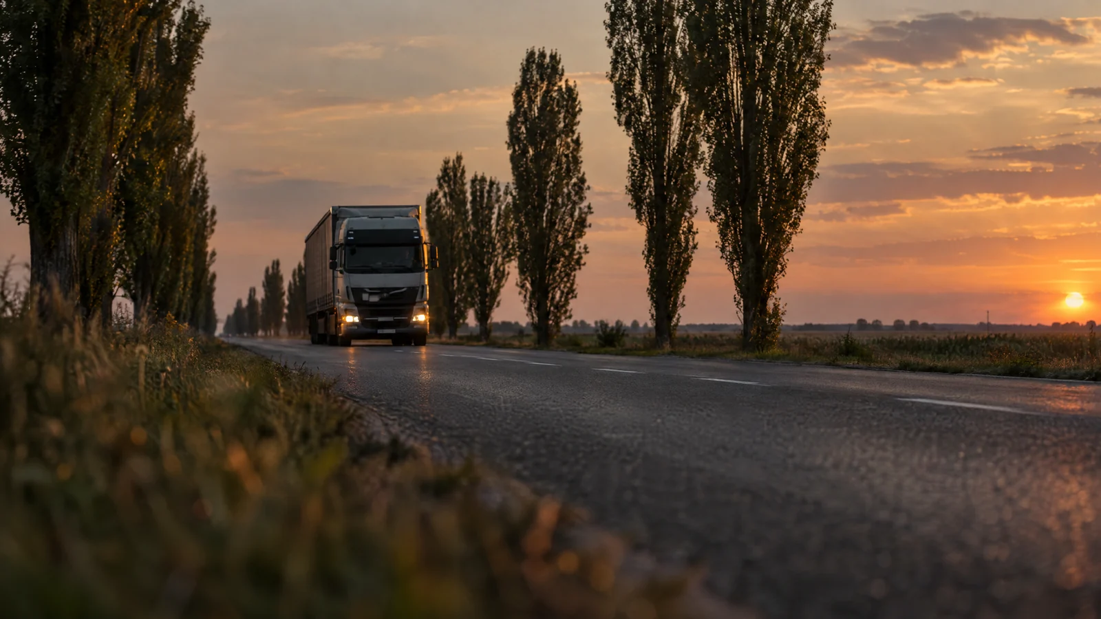 Camion pe un drum drept prin câmpie la amurg, fotografiat din unghi jos, plopi de-a lungul drumului