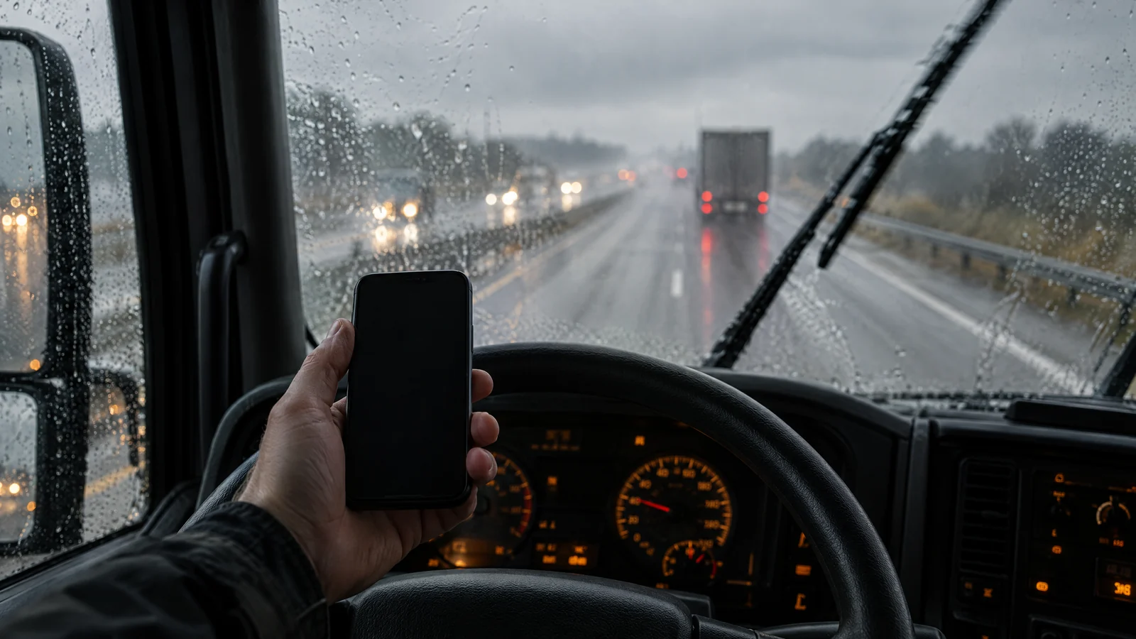 En förares hand håller en smartphone med mörk skärm ovanför ratten i en lastbil, regn på vindrutan och torkarna i rörelse