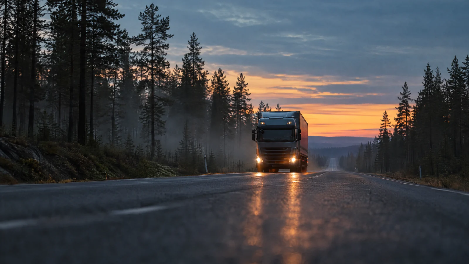Lastbil på en rak väg genom nordisk tallskog i skymningen, fotograferad från låg vinkel, dis mellan träden